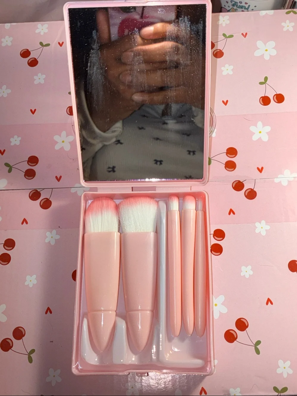 Compact Pink Portable Mirror& makeup brush set